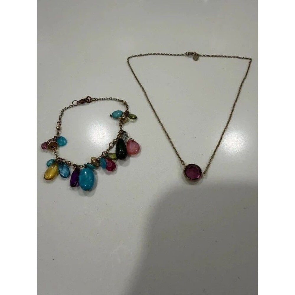 Bezel Set “Amethyst” Avon Necklace with Beaded Multicolor Bracelet Vintage